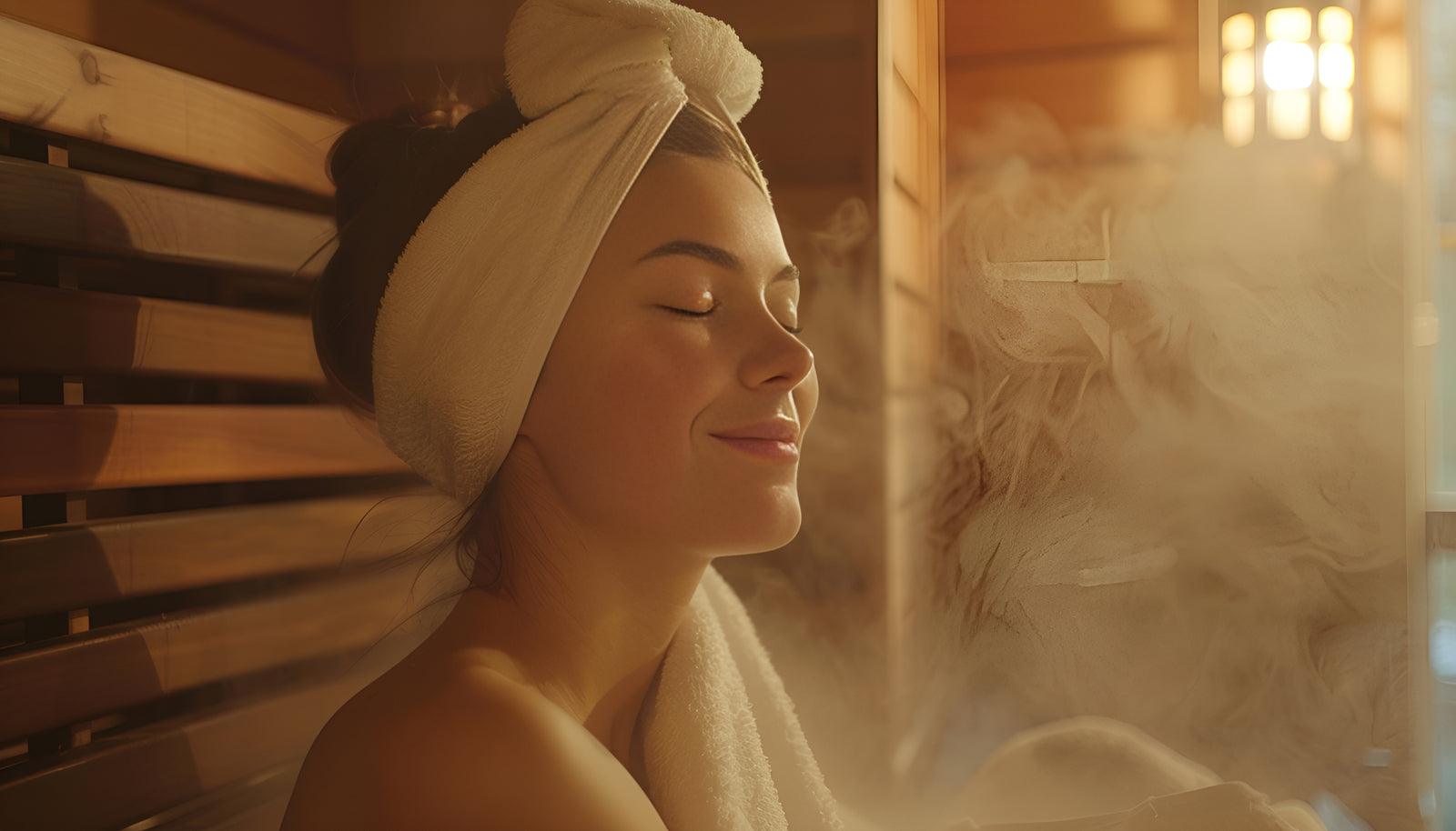 Woman in a sauna with steam and wooden interior